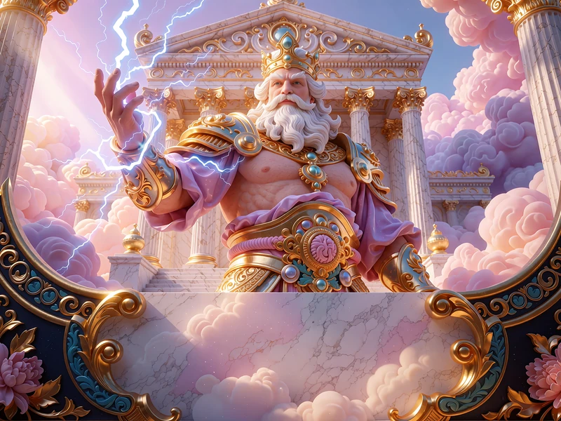 Hvidsk&aelig;gget tordengud i guldrustning foran et marmortempel - Gates of Olympus slot hos Goldbet Casino