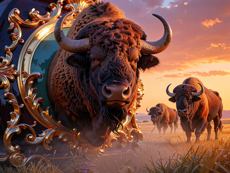 Stor m&oslash;rkebrun b&oslash;ffeltyr p&aring; en gylden pr&aelig;rie i solnedgang - Big Wild Buffalo spilleautomat hos Goldbet