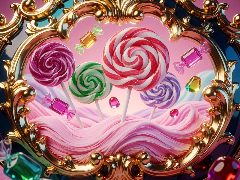 Store spiralslikkepinde og bolsjer p&aring; lyser&oslash;de candyfloss-bakker - Sweet Bonanza slot p&aring; Goldbet