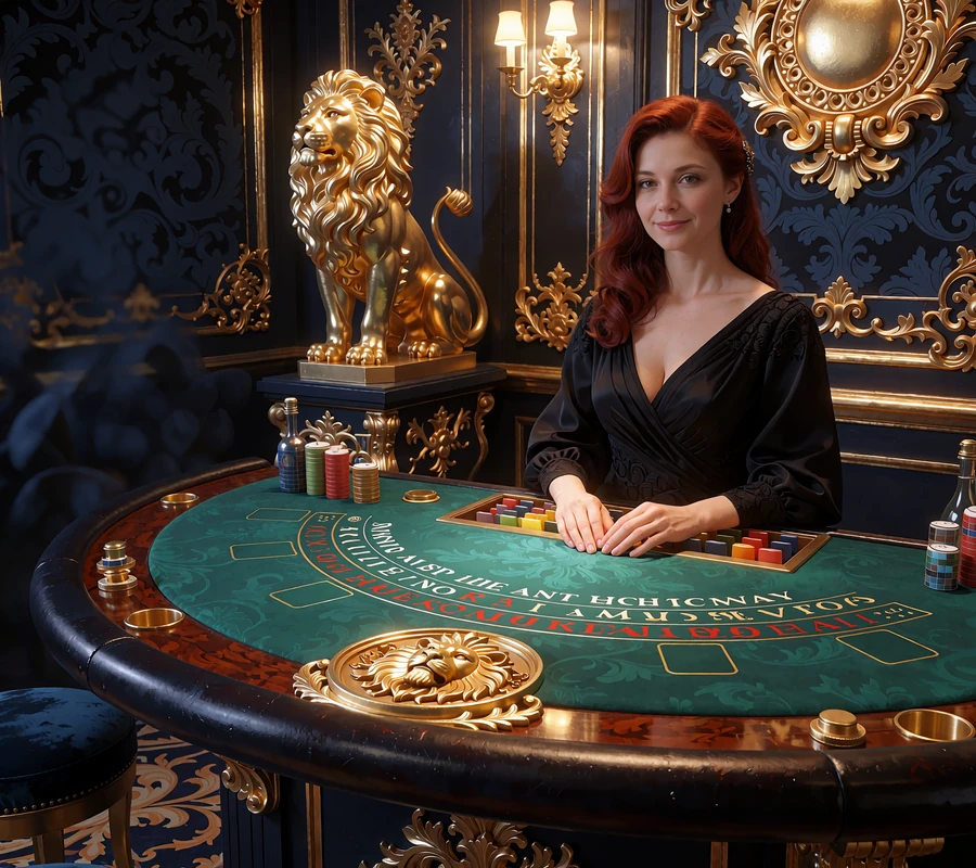Smilende dealer ved et blackjackbord med gr&oslash;nt filt og en gylden l&oslash;vestatue i Goldbets live casino