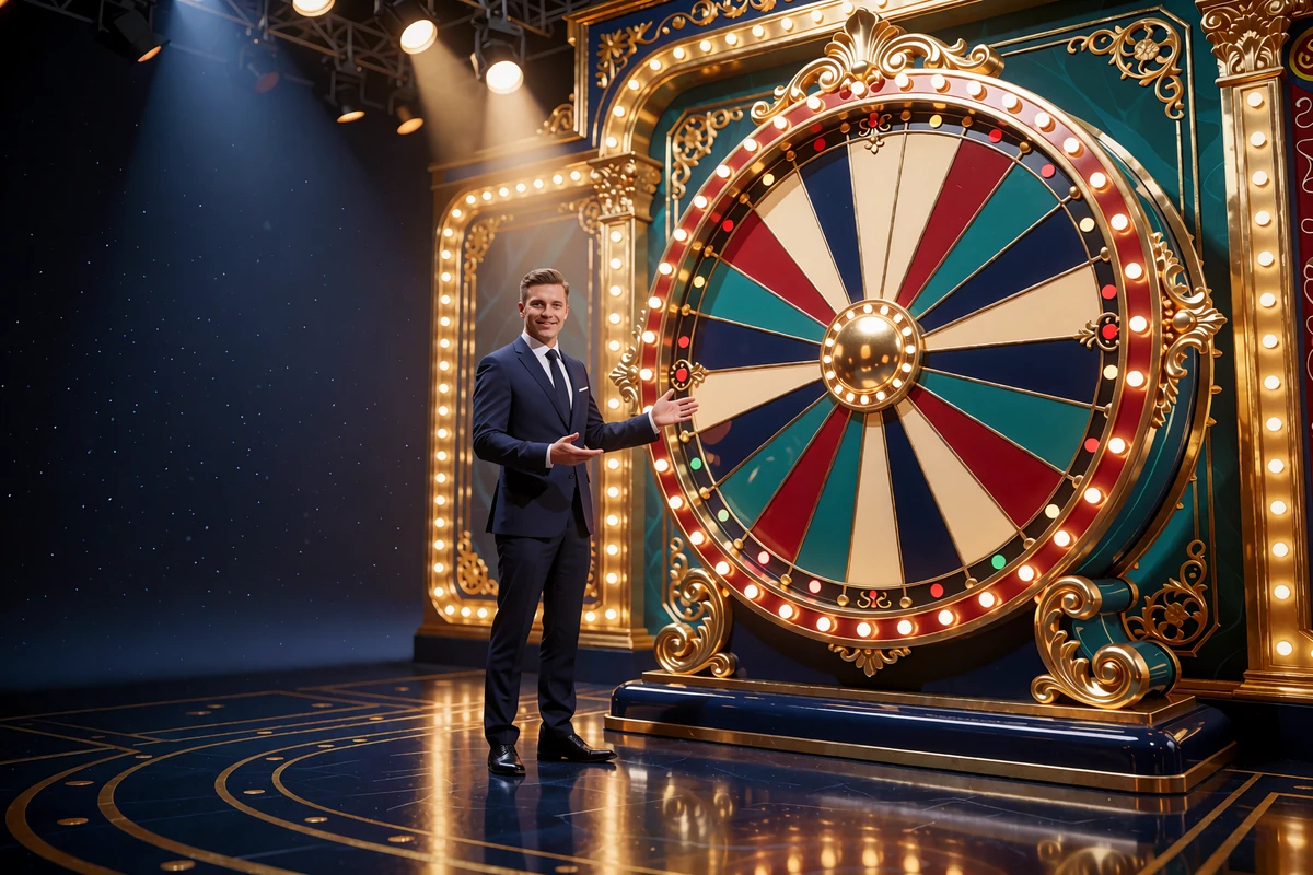 Smilende v&aelig;rt i navybl&aring; jakkes&aelig;t ved et stort lykkehjul i et live game show-studie hos Goldbet