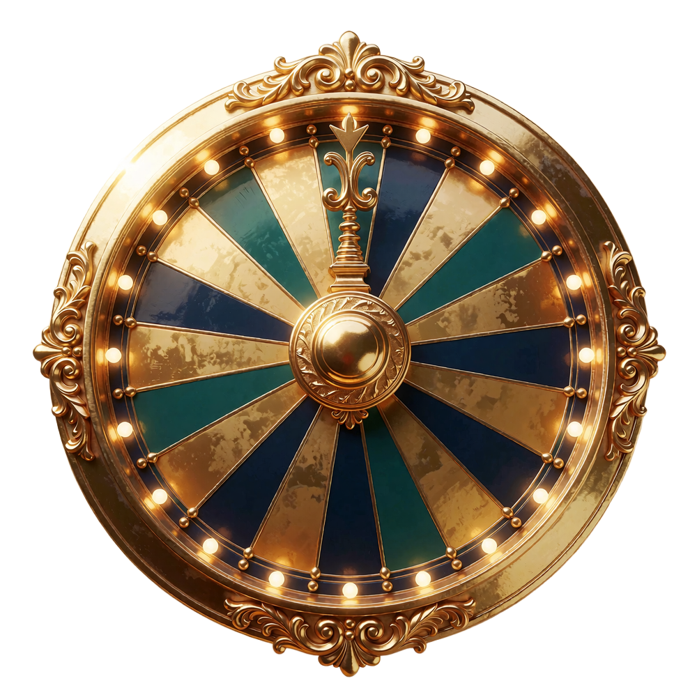 Forgyldt lykkehjul med navy og teal felter og l&oslash;vehoved i midten - Wheel of Fortune hos Goldbet Casino