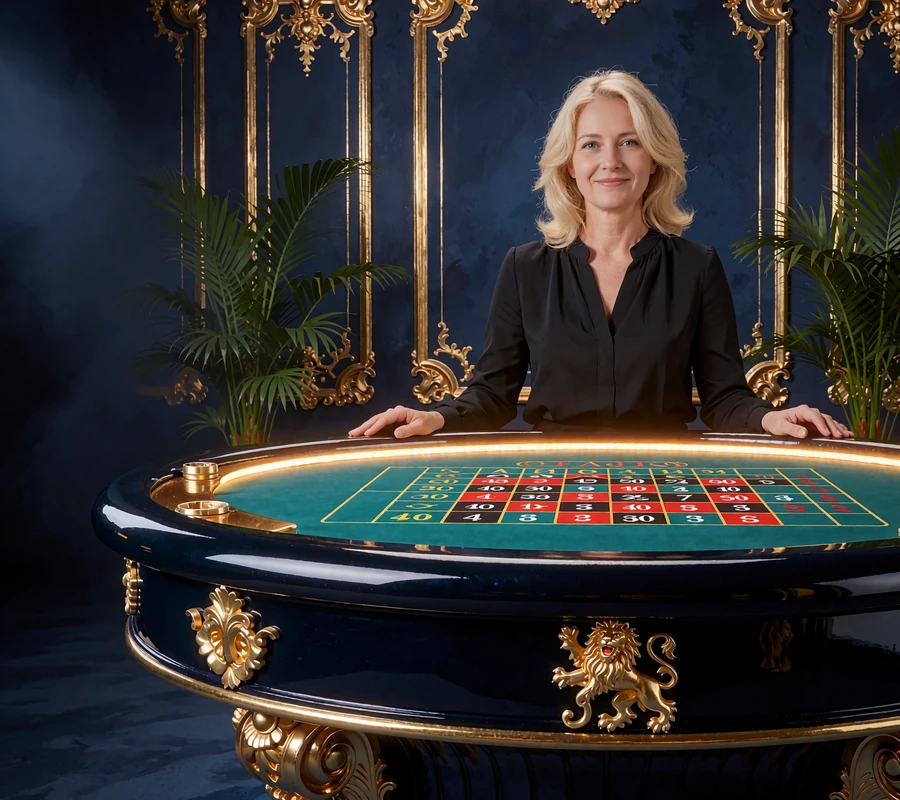 Dealer bag et rouletbord med turkis filt og guldl&oslash;ve-emblem i et navybl&aring;t live casino-studie